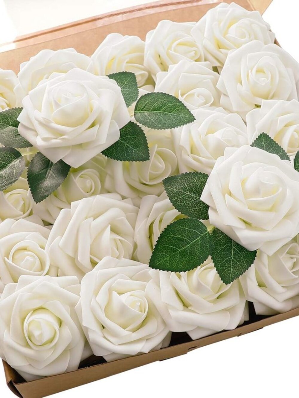 Artificial Flowers 25pcs Real Looking Ivory Foam Fake Roses with Stems for DIY W